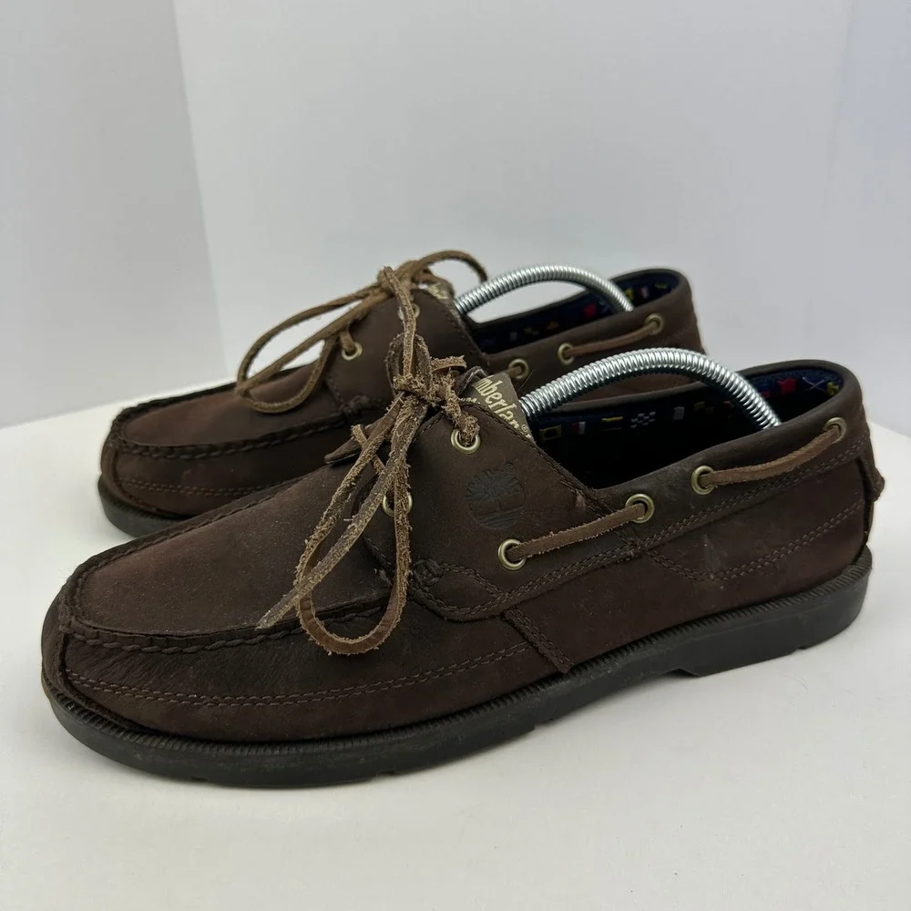 Timberland Mens Boat Shoes Dark Brown Leather Moc Toe Loafers Nautical Size 10